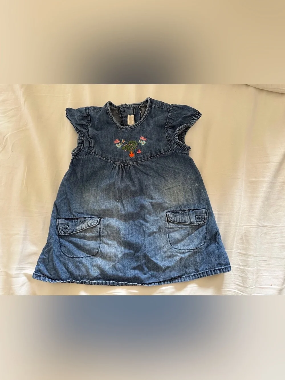 H&M Baby Girls Denim Dress Embroidered Floral Pockets Blue 6-9M